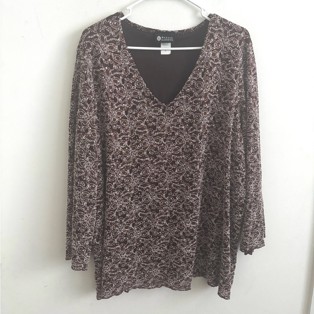 Embroidered Brown Lace Blouse 3X Floral Boho Artsy Mature Elegant Evening Party